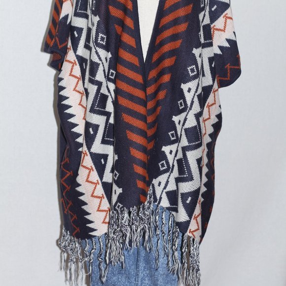 Blue & Orange Wool Tribal Fringe Shawl - Picture 9 of 15